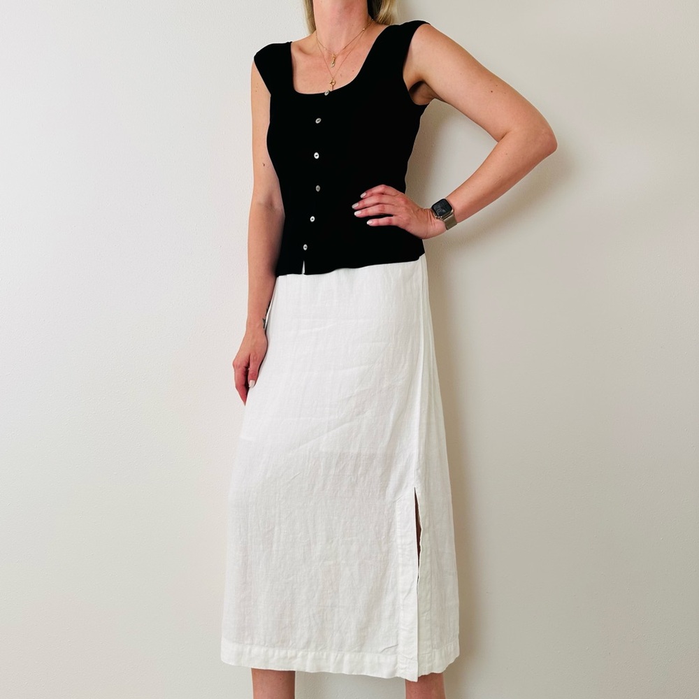 Purejill White 100% Linen Lightweight Midi Skirt With Side Slits